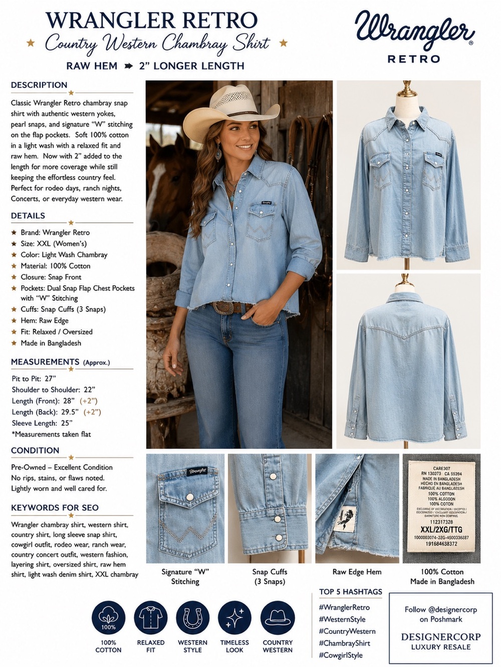 Wrangler Light Wash Denim Western Button-Down Shirt - Picture 7 of 11
